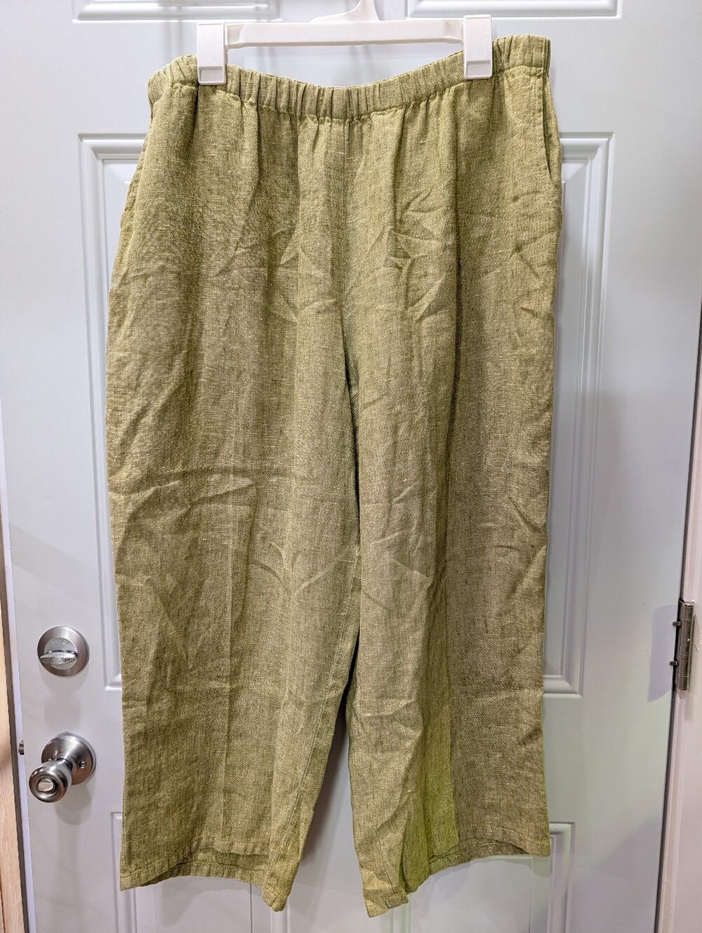 FLAX Pants Womens Large Green Wide Leg Linen Elastic Waist Cropped Trousers